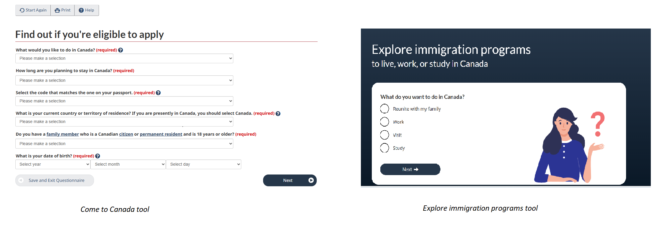Side-by-side comparison of two immigration entry points. On the left, the legacy “Come to Canada” tool presents a long eligibility questionnaire with multiple required fields. On the right, the newer “Explore immigration programs” tool starts with a simple question about user intent, offering clear options such as work, study, visit, or family reunification.