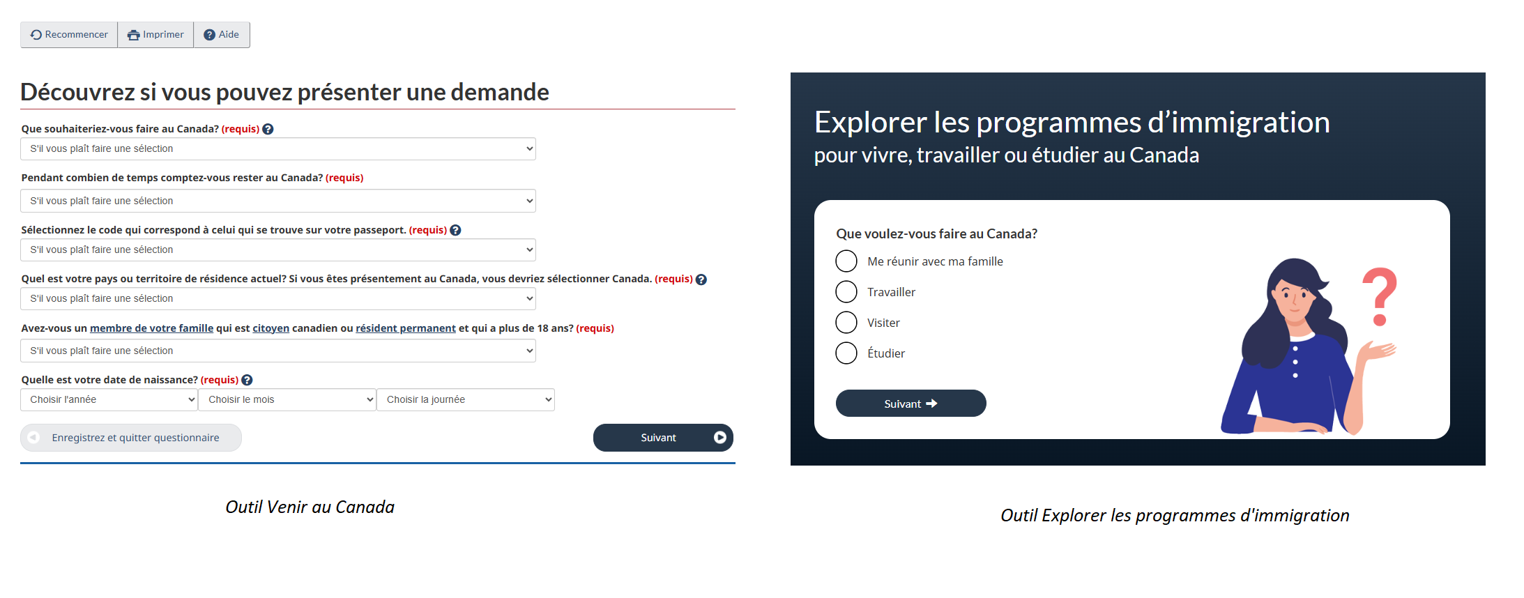 Comparaison côte à côte de deux points d'entrée pour l'immigration. À gauche, l'ancien outil « Venir au Canada » présente un long questionnaire d'admissibilité comportant plusieurs champs obligatoires. À droite, le nouvel outil « Explorez les programmes d'immigration » commence par une question simple sur l'intention de l'utilisateur, offrant des options claires telles que le travail, les études, la visite ou la réunification familiale.